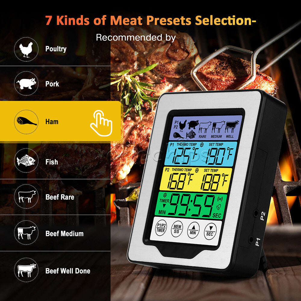 Touch Screen Backlight Dual Probes Kitchen Cooking Food BBQ Meat Thermometer