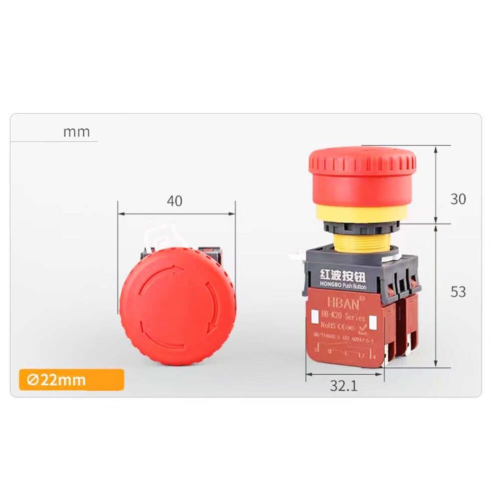 HBAN HB-K20 20A Emergency Stop Mushroom Head Pushbutton Switch 2NO 2NC IP65 22mm