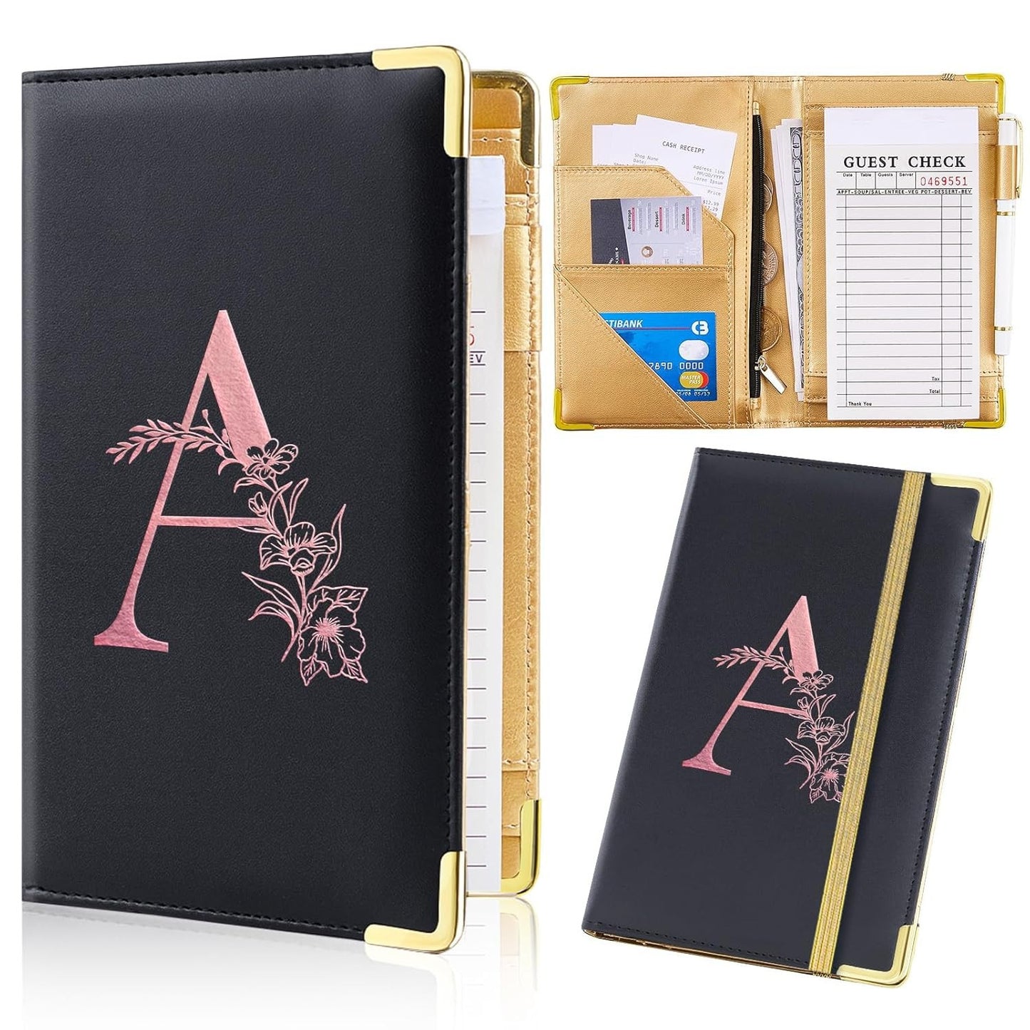 Alphabet Server Book for Waitress, Leather with Zipper Pocket, Fits Server Apron