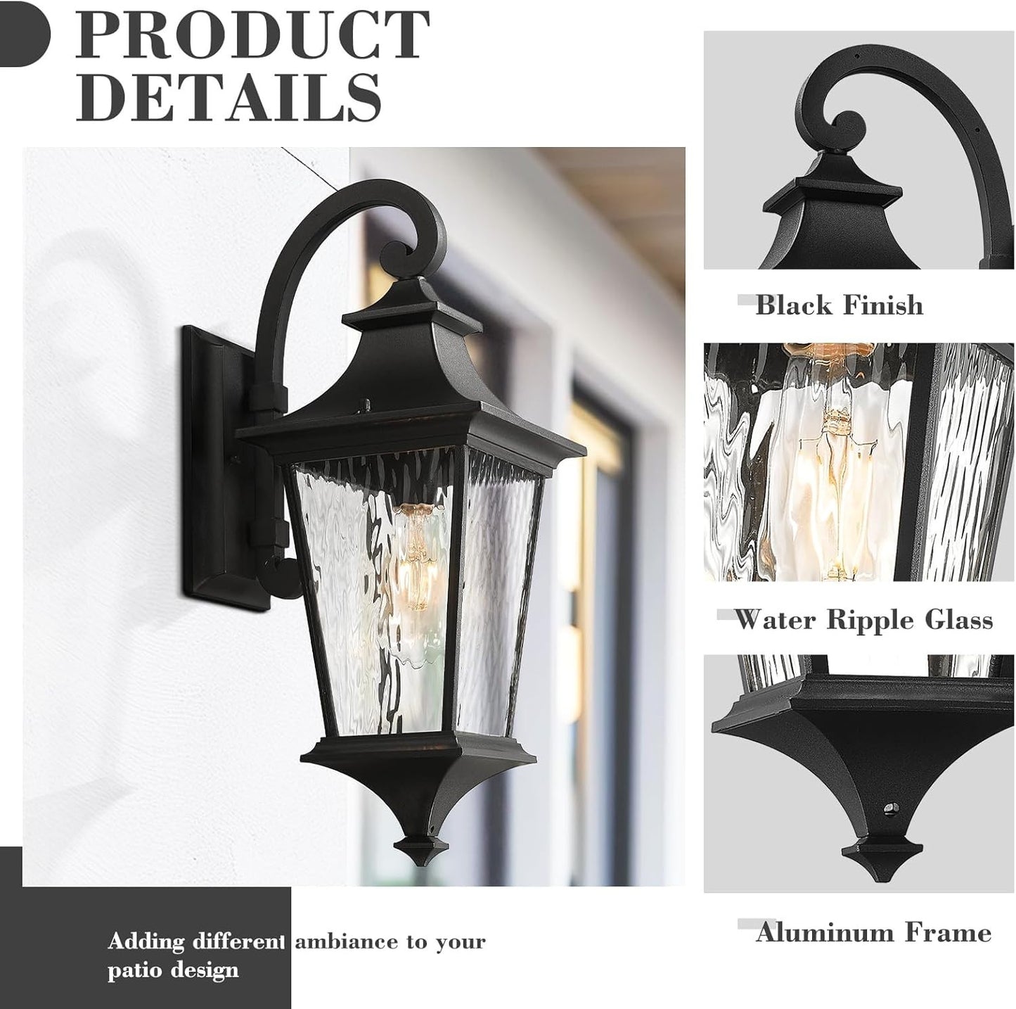 21.1 Inch Black Outdoor Wall Light with Water Ripple Glass, for Porch Garage