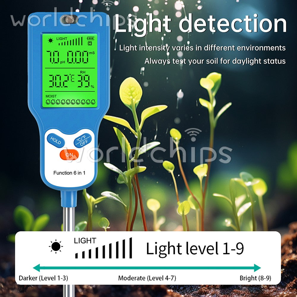 6-in-1 Digital PH Tester Sunlight Soil Moisture Meter Detector Plant Garden ℃℉