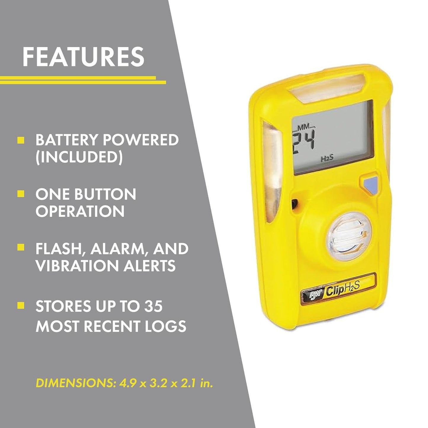 BWC2-H Single-Gas Detector - for Hydrogen Sulfide (H2S), Yellow, Portable