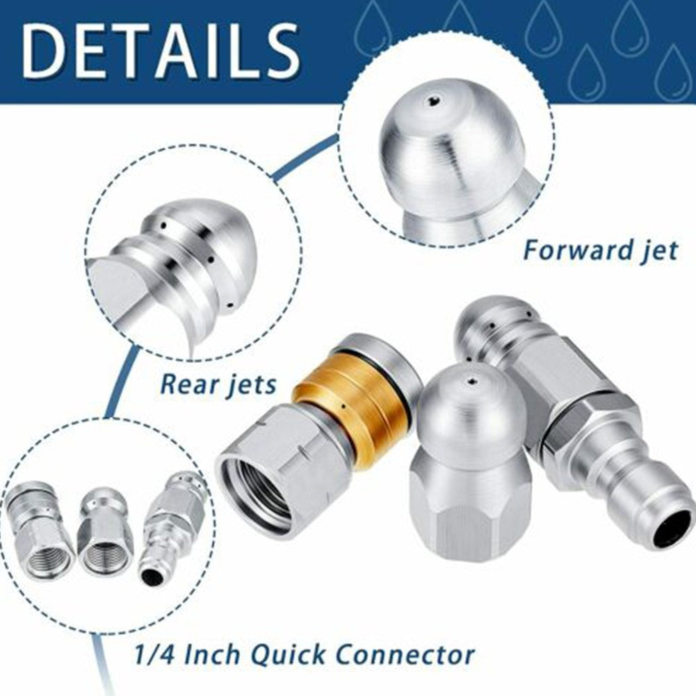 3 PCS Sewer Jetter Rotary Nozzle 1/4 In Pressure Washer Hose Quick-Connect
