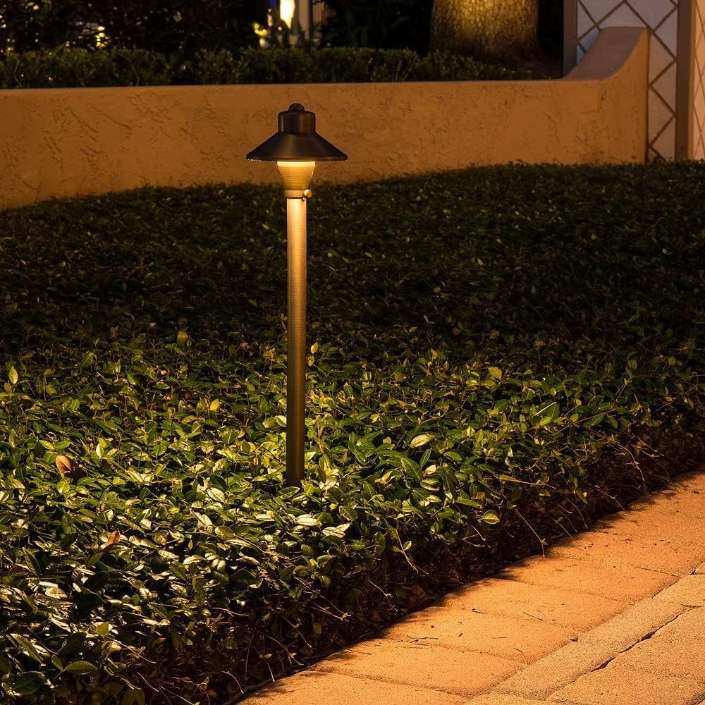 12V Flat Hat Brass Path Light, 25" Tall - 5" Shade, 3W 2700K LED