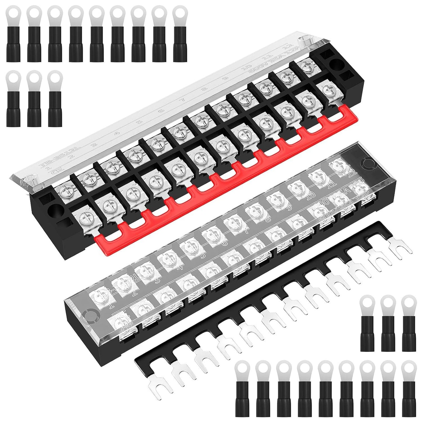 Joinfworld 35A Terminal Block 12 Position Screw Terminal Strip Dual Row with Cov