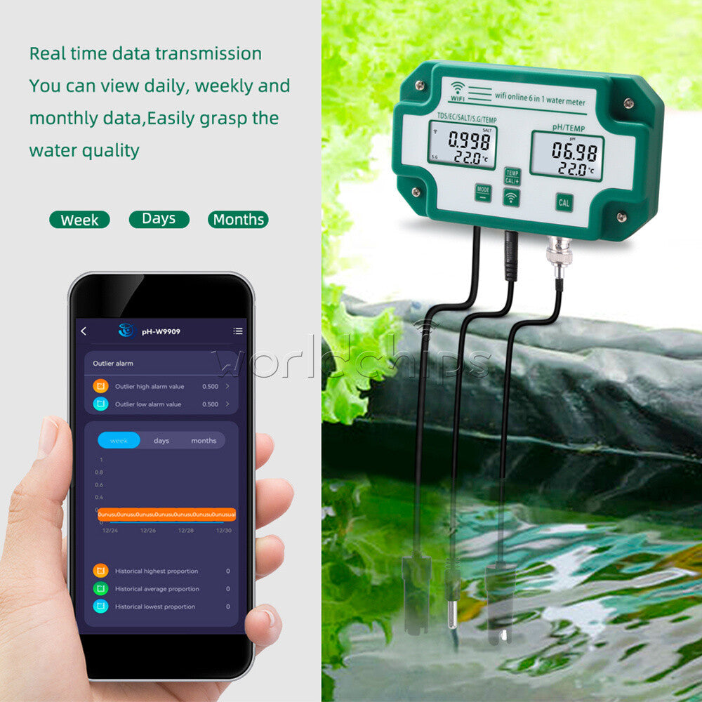 6-in-1 Wifi Digital Water Quality Tester Water Analyzer PH/TDS/EC/SG/Salinity
