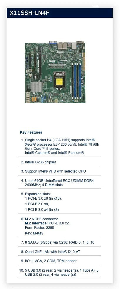 Supermicro X11SSH-LN4F NAS Server Motherboard C236 Chip ECC 4-network Port Matx