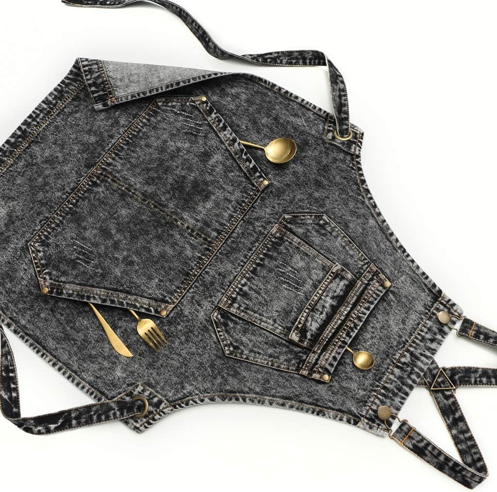 Denim Apron with Pockets, Adjustable Cross Straps, for Work & Crafts