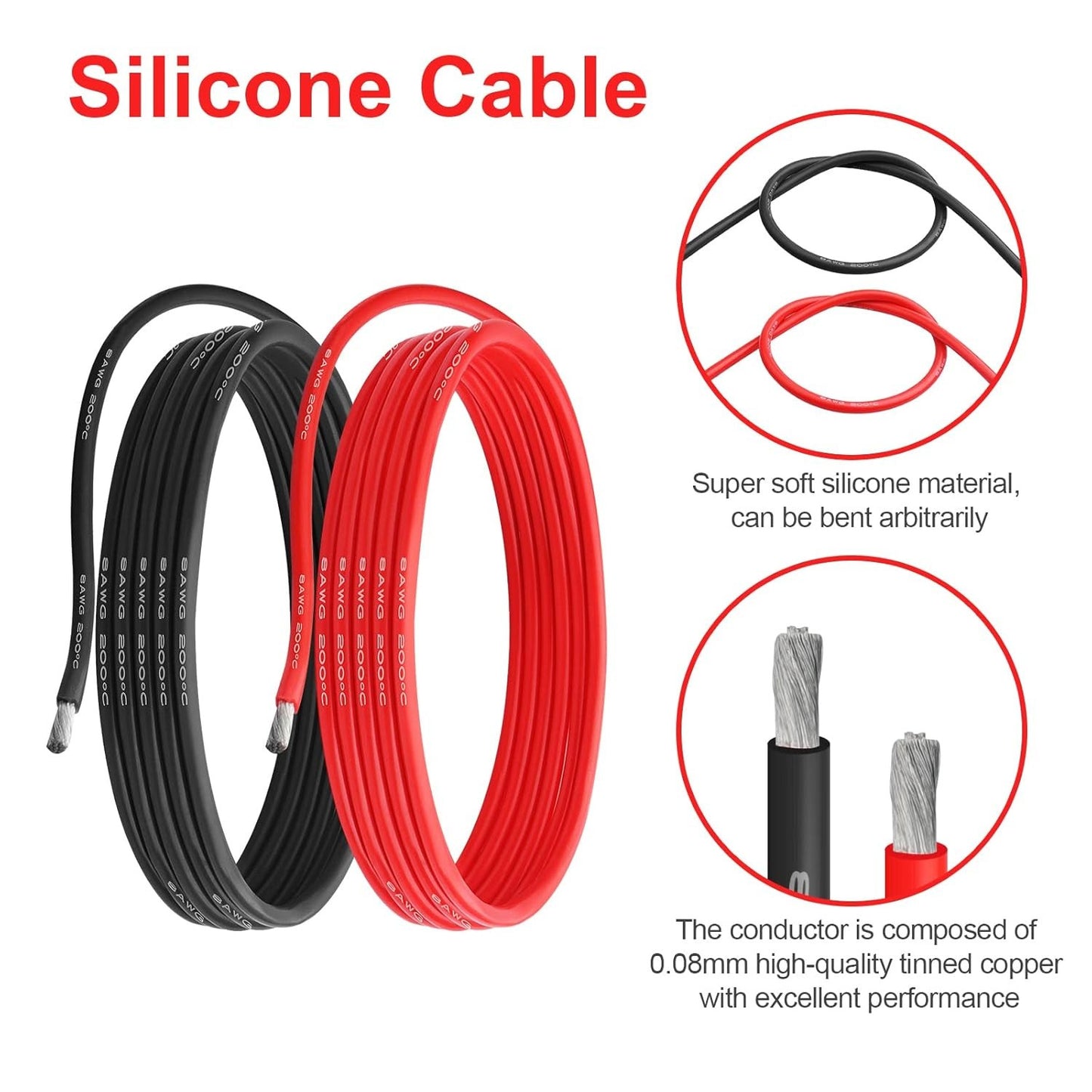 8 AWG Gauge Silicone Wire Electrical Cable（10Ft Red &10Ft Black） Soft & Flexible