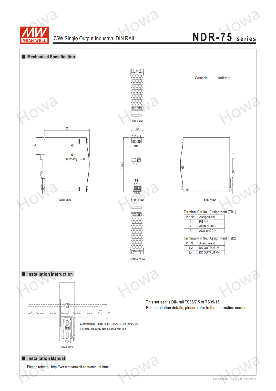 Mean Well NDR-75-48 Switching Power Supply DIN Rail Type 75W 12V 1.6A
