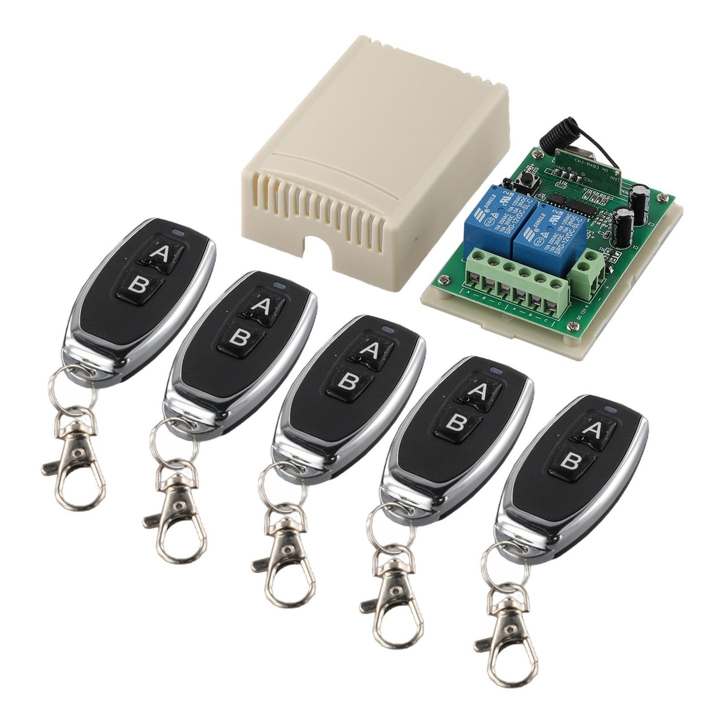 2CH 433MHz Relay 5pcs Wireless Remote Control Switch Transmitter & 1x Receiver