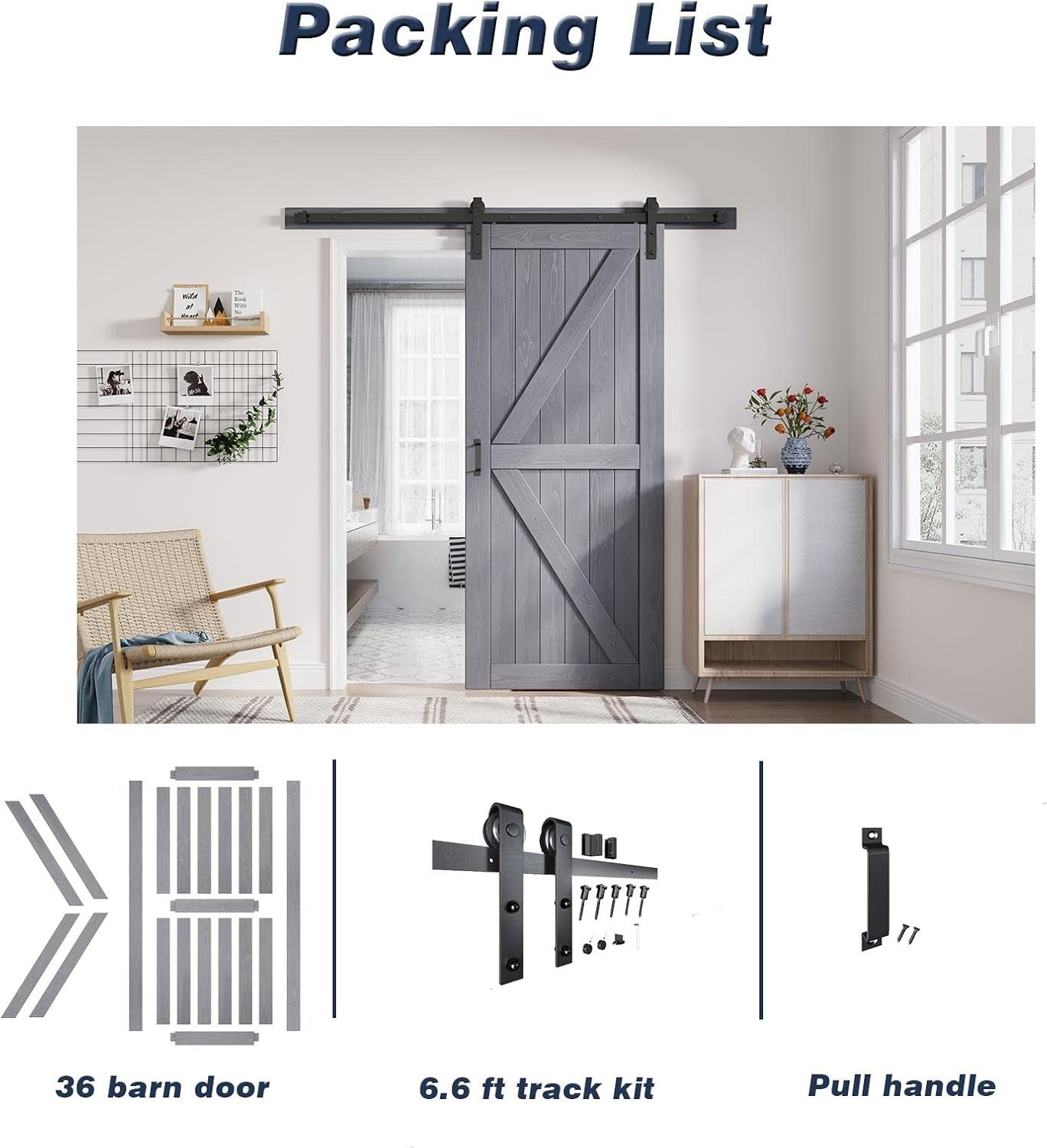 36x84 Inch Gray Wood Barn Door Slab with Hardware Track Kit, K-Frame Design