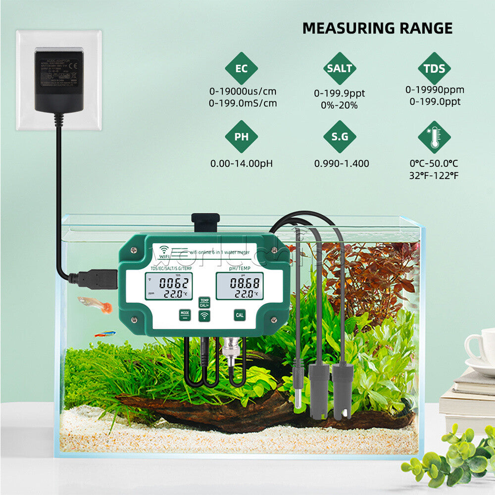 6-in-1 Wifi Digital Water Quality Tester Water Analyzer PH/TDS/EC/SG/Salinity