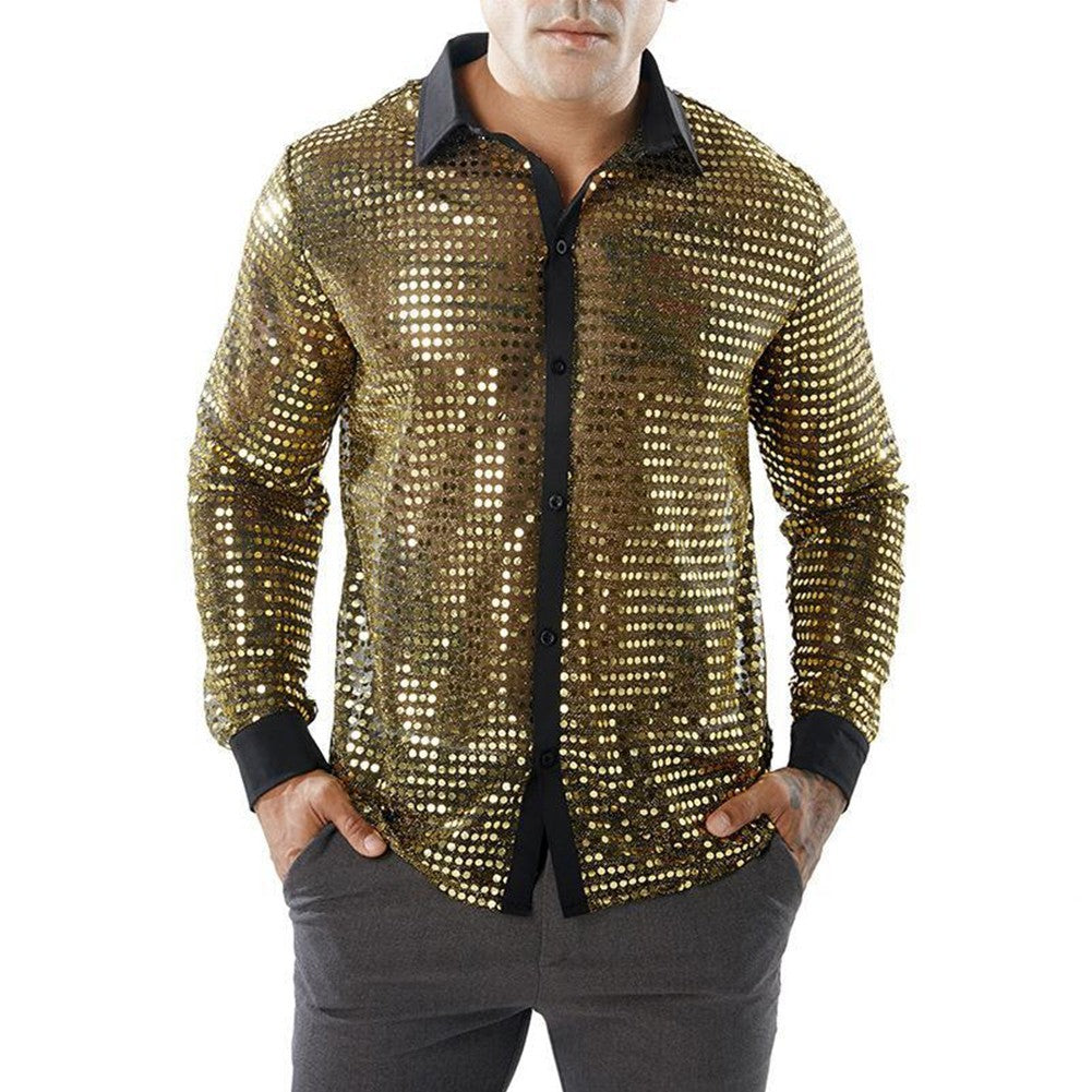 Men's Sparkly Sequin Party Dance Shirts Retro 70s Disco Nightclub Style Tops