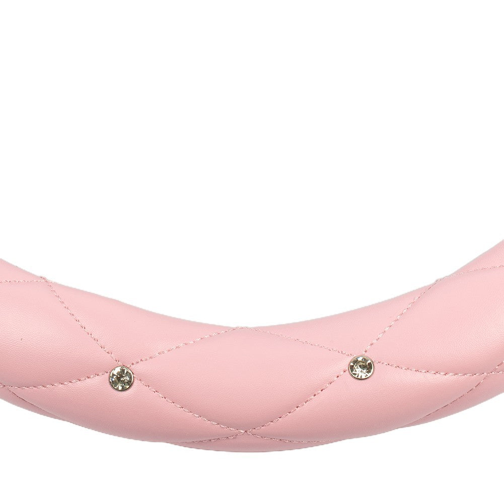 Pink Car Steering Wheel Cover 38cm/15 PU Leather Bling Diamond For Womens Girls