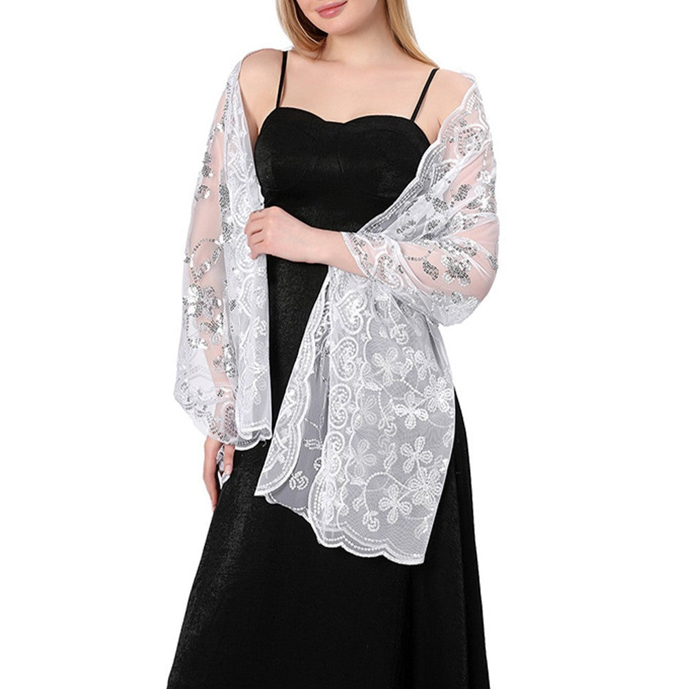 Elegant Sparkly Sequin Sheer Tulle Lace Embroidery Scarf Wrap for Formal Events