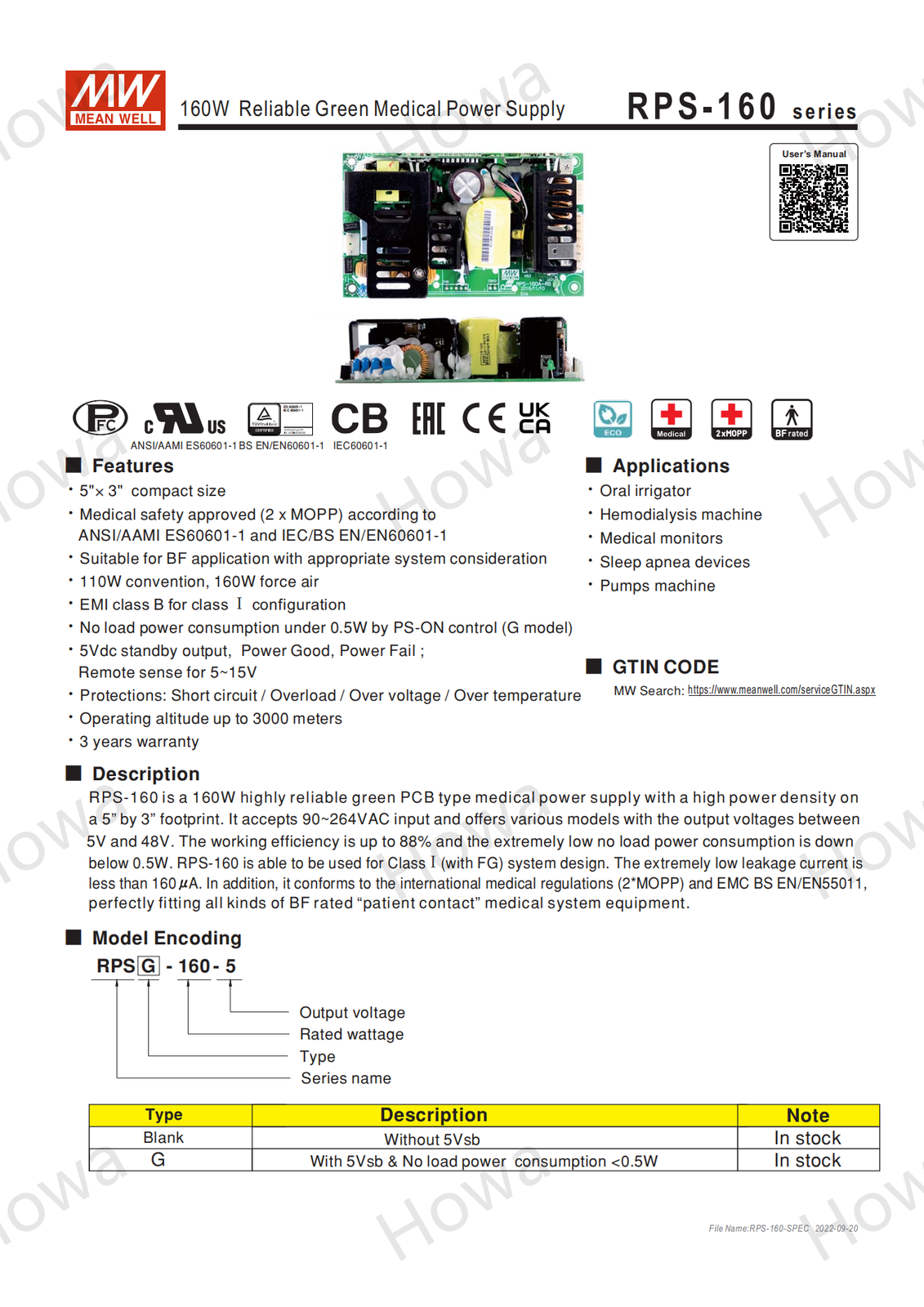 Mean Well RPS-160 Switching Power Supply Medical PCB Type 160W 12V15V24V48V5V