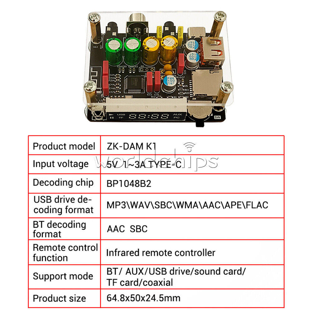 ZK-DAM-K1 Bluetooth U Disk Sound Card TF Decoder Board Front DSP Tuning Type-C