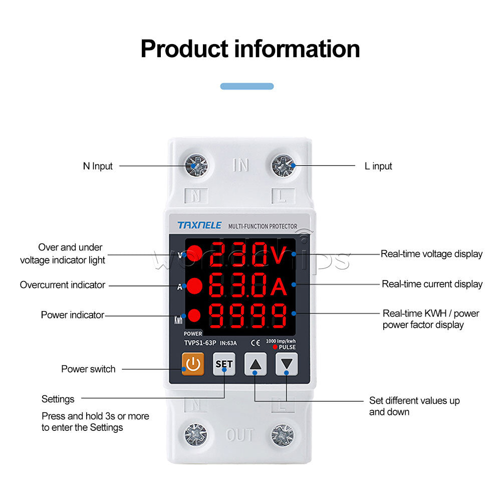 AC230V 63A Digital Din Rail Over Under Voltage Current Protection Energy Meter