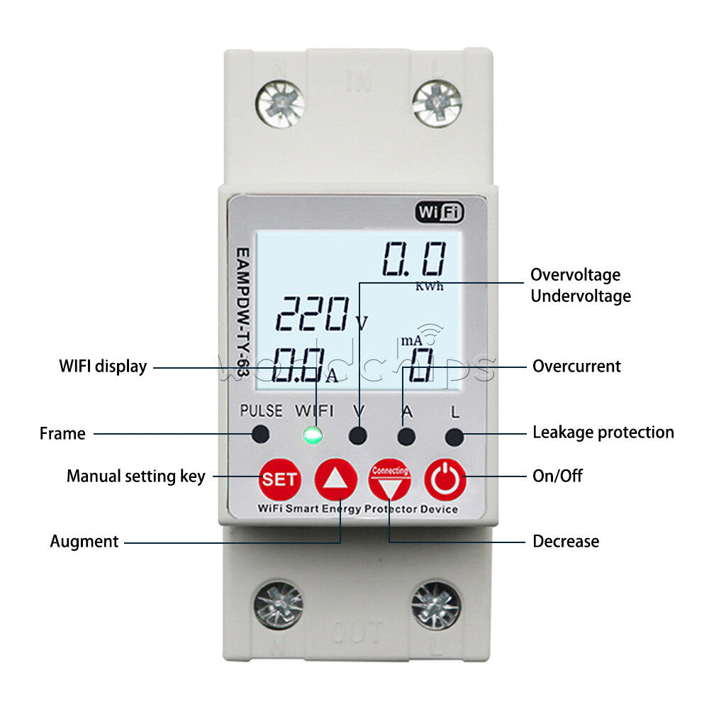 63A LCD Digital Display Adjustable Over Under Voltage Current Protector Relay