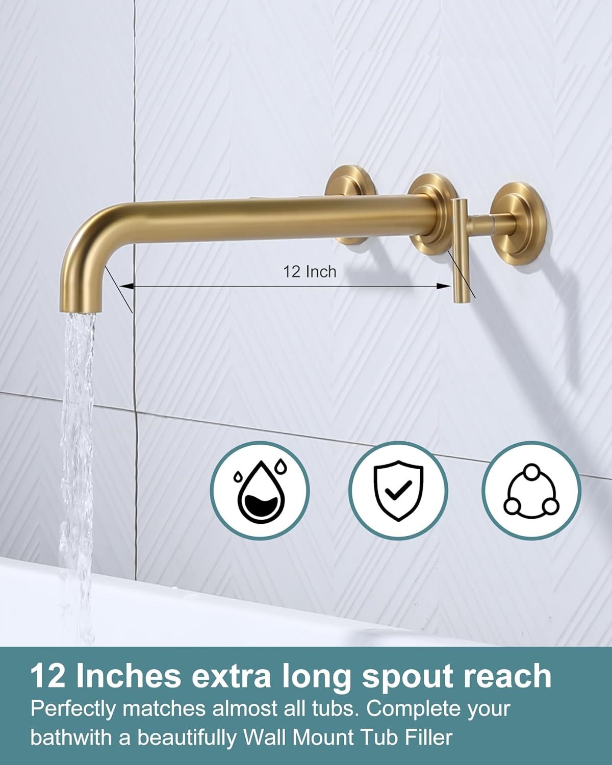 Gold Wall Mount Tub Faucet, Two Handles Solid Brass, Long Spout with Valve