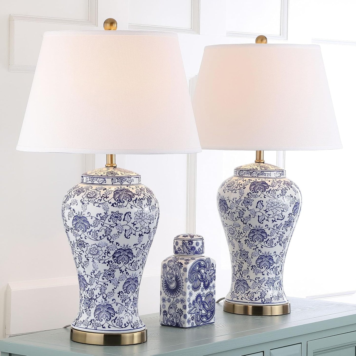 Set of 2 Blue & White Floral Table Lamps - 29-Inch Ceramic, for Bedroom
