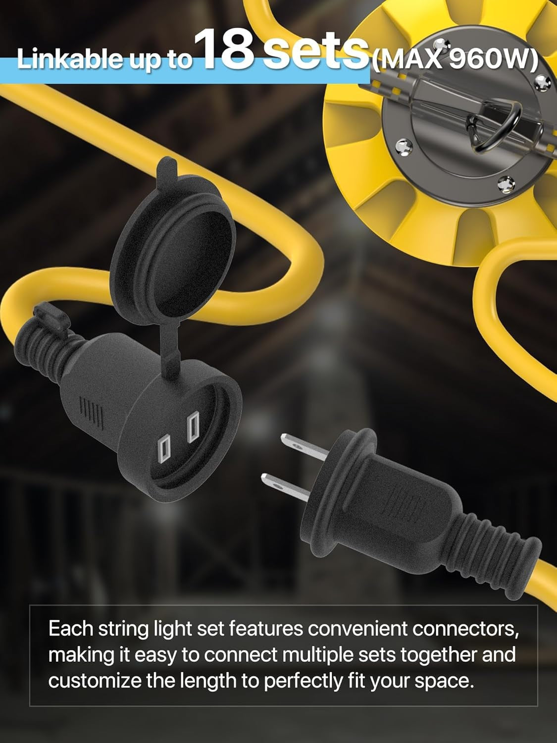 50FT Construction String Lights, 5 Bulbs, IP65 Waterproof, Linkable