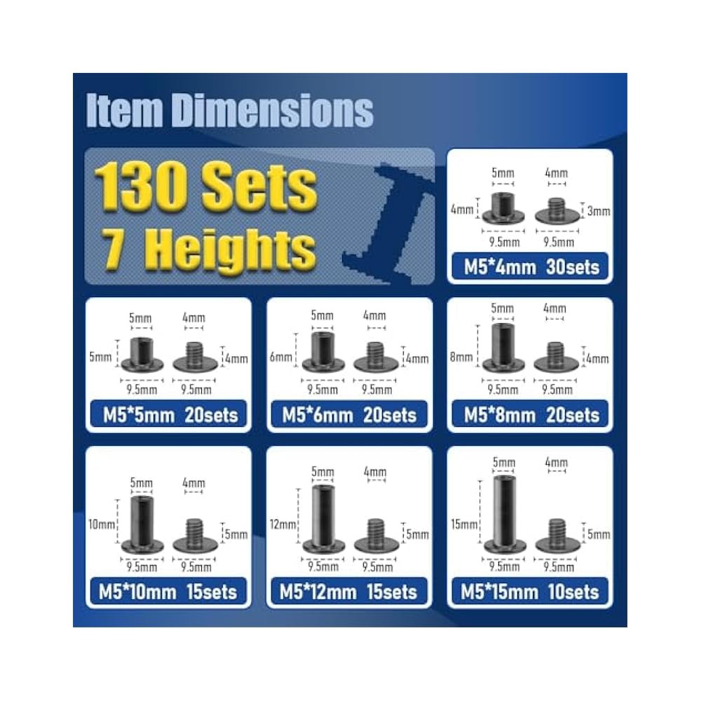 130 Sets Chicago Screws Leather Rivets Kit, Gunmetal Black, 7 Sizes