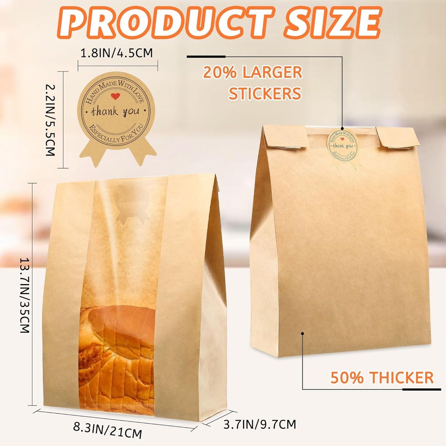 50-Pack Bread Bags with Window, 13.7x8.2x3.7in,Thick Paper,with Sealing Stickers
