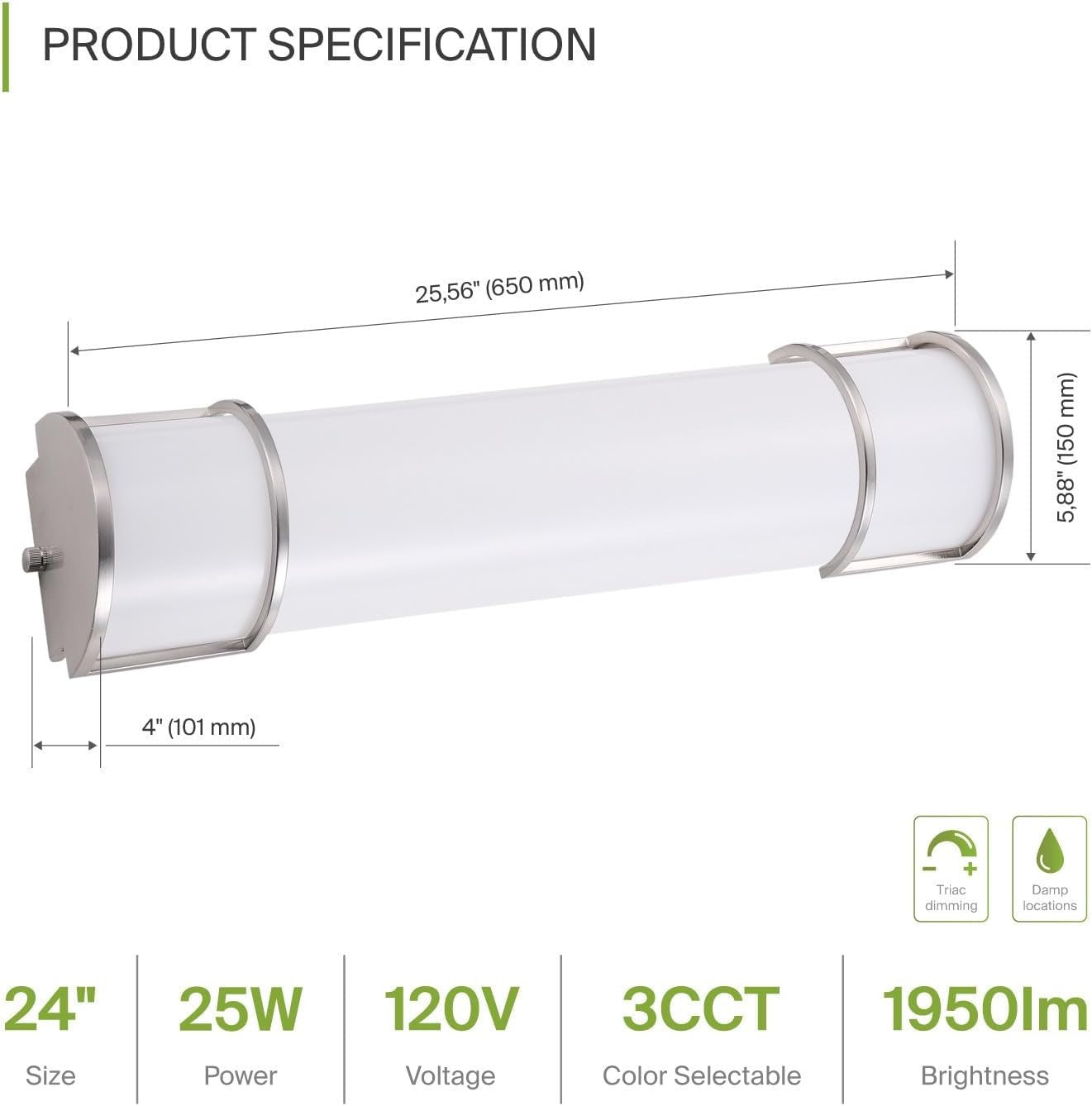 LED Vanity Flush Mount Light, 24", 3CCT Dimmable, Nickel Finish