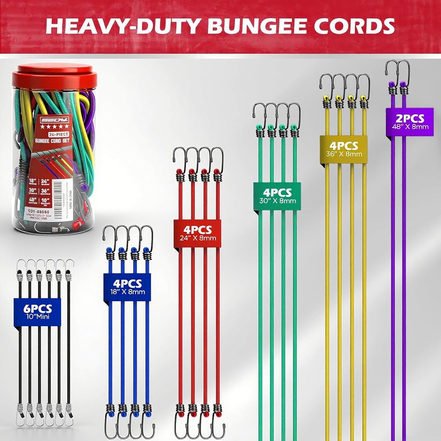 24-Piece Premium Bungee Cords Heavy Duty Outdoor, Bungee Cords with Hooks in a S