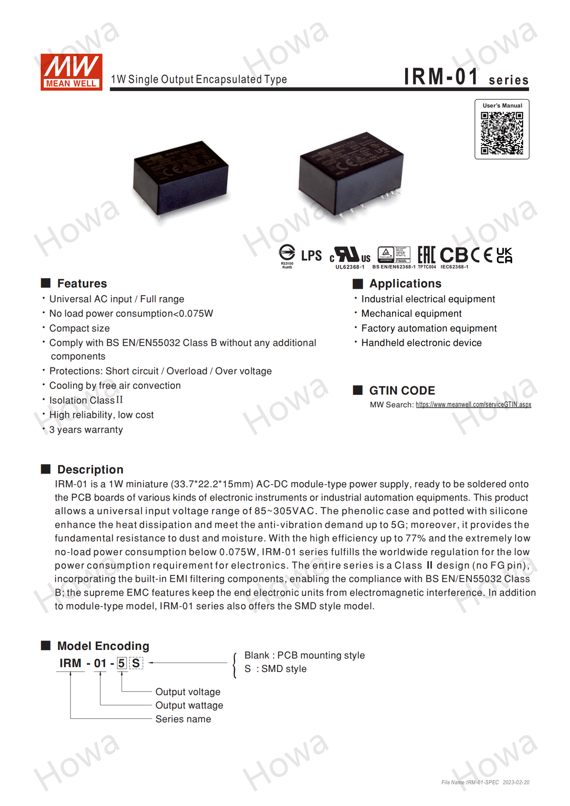 Mean Well IRM-01 switching power supply 3.3V5V9V12V24V pin type 1W AC-DC module