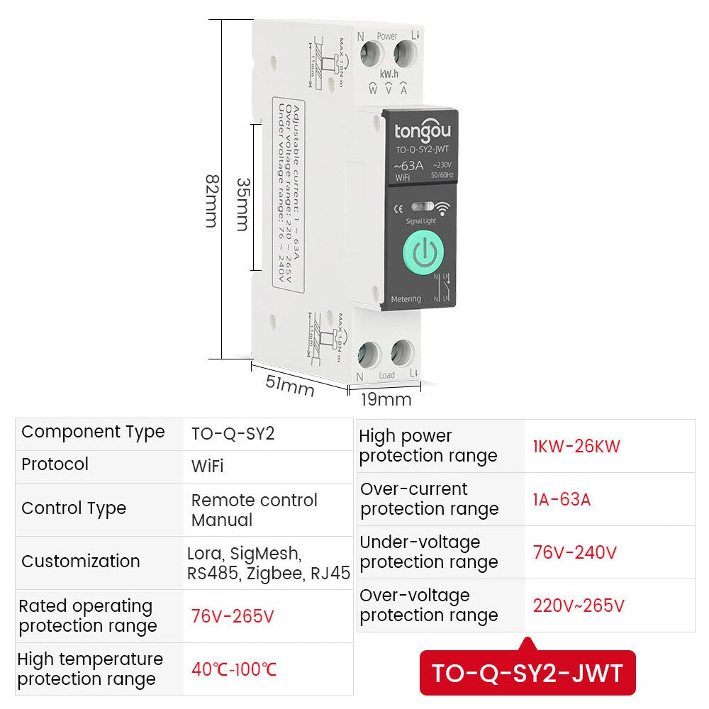 Tuya WiFi Smart Circuit Breaker Switch 1-63A Adjustable Over/Under Voltage Over