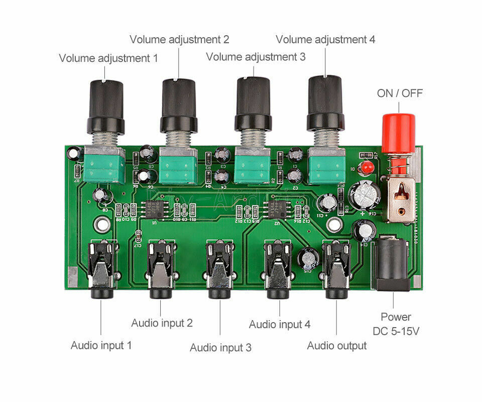 1Pcs Stereo Audio Signal Mixer Board Mix 2way 4way Input 1way Output DC 5V-12V