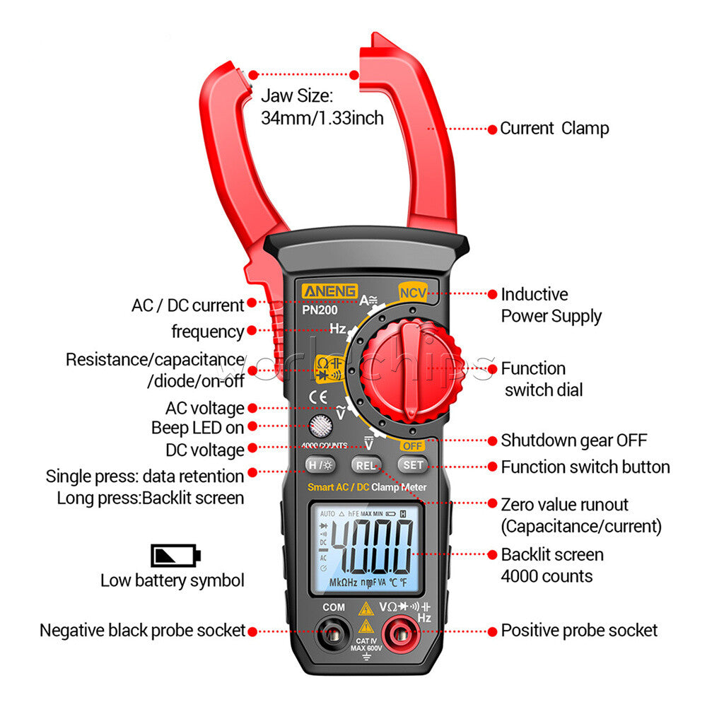 Digital Multimeter Clamp Meter Tester AC/DC Voltage Current Non-Contact 0-600A