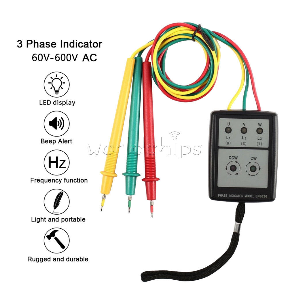 SP8030 Smart LED 3 Phase Indicator Tester Detector Meter AC Phase Sequence Meter