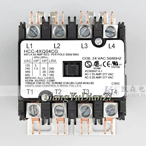 1X Controls UL CSA Four-Pole AC Contactor 24VAC 40A HCC-4XQ04CG