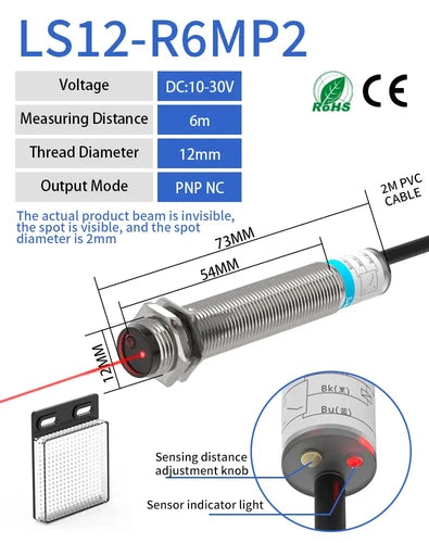 1PC  M12 NPN Laser Sensor Photoelectric Switch Infrared Visible Light Sensors