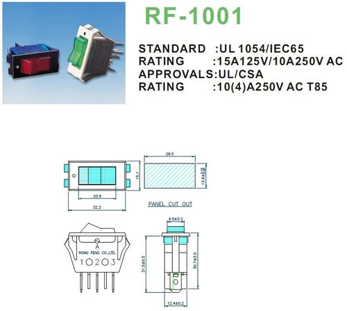 6PCS 3 Pins 2 Positions 10A 250VAC T85 Red   RF-1001 Rocker Switch