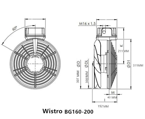 Wistro Fan FLAI BG160-200 C62 IL-2-2 IP66 230V 3~ Waterproof Motor Cooling Fan
