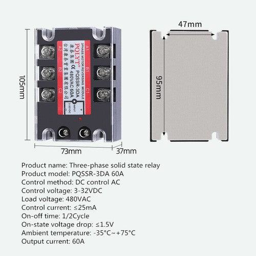 Three-phase solid state relay PQSSR-3DA 60A DC control AC 480V SSR3 3860Z