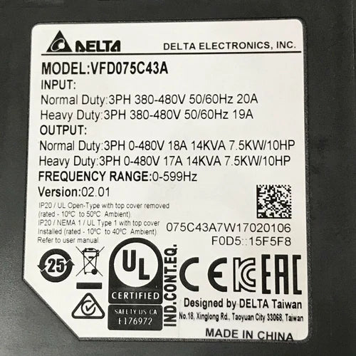 1PC  Delta VFD075C43A VFD Inverter 7.5kw 10HP 3Phase Free delivery