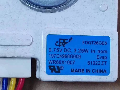 QTY:1  WR60X10307 , DC 9.75V. 3.25W  Refrigerator EVAPORATOR FAN MOTOR