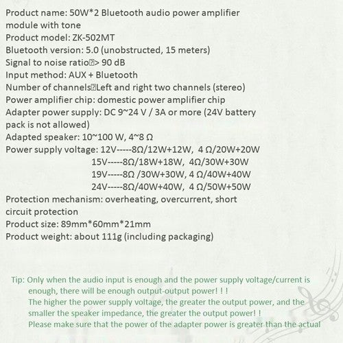ZK-502MT Bluetooth-compatible 5.0 Subwoofer Amplifier Board 2.0 Channel Bass AMP