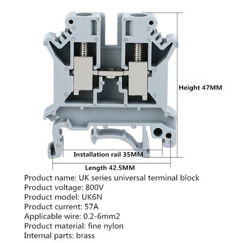 100pcs UK-6N rail type terminal block 6 square connector rail type uk6n terminal