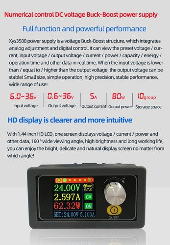 XYS3580 Adjustable Buck Boost Converter DC DC 0.6-36V 5A Power Supply Module LCD