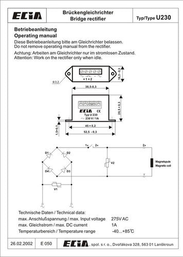 ECIA TYP U230 230V/1A brake rectifier power supply brake module
