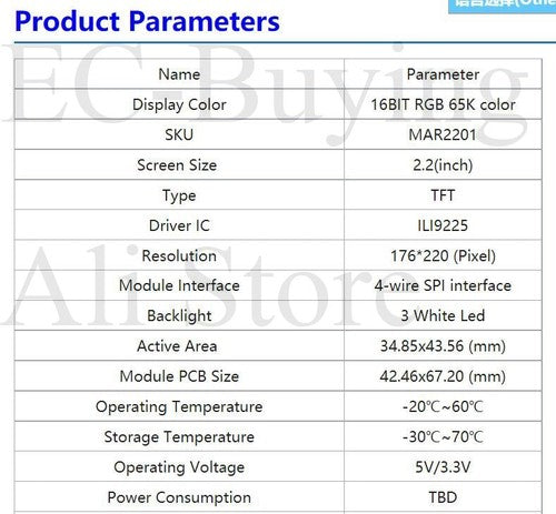 2.2 Inch TFT LCD Screen Display Module 176*220 SPI Serial Port ILI9225 /w UNO
